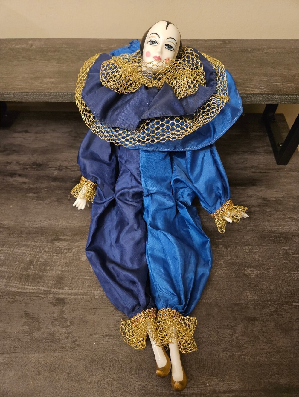 Vintage Harlequin Jester Porcelain-Face Display Clown Doll Approx 16"
